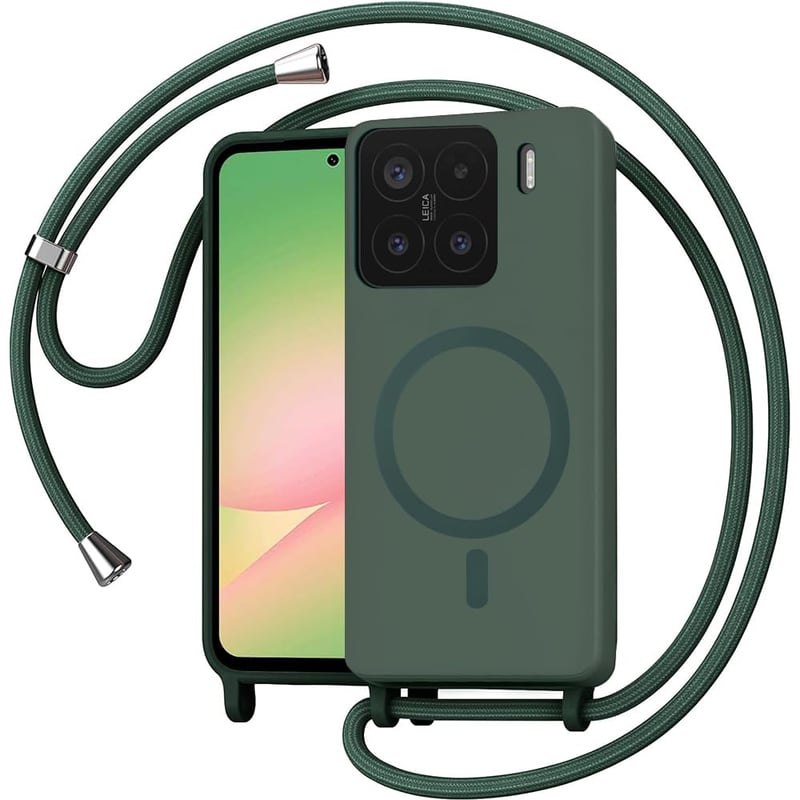 Anfire kryt na Xiaomi 15 s popruhom na krk, magnetický silikónový obal na telefón kompatibilný s MagSafe, s nastaviteľnou a odnímateľnou retiazkou, tmavozelený