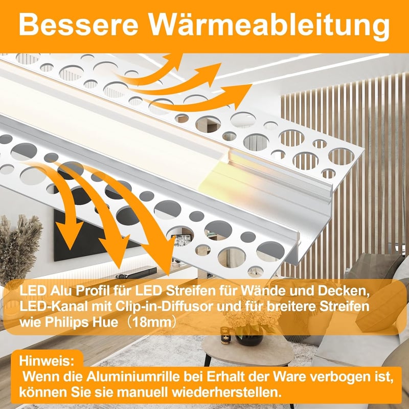 Angdarun LED Gipszkarton Profil 18 mm-es LED Szalagokhoz, 10 db x 1 Méteres Alumínium Diffúzor Szett Falra és Mennyezetre, Philips Hue Kompa