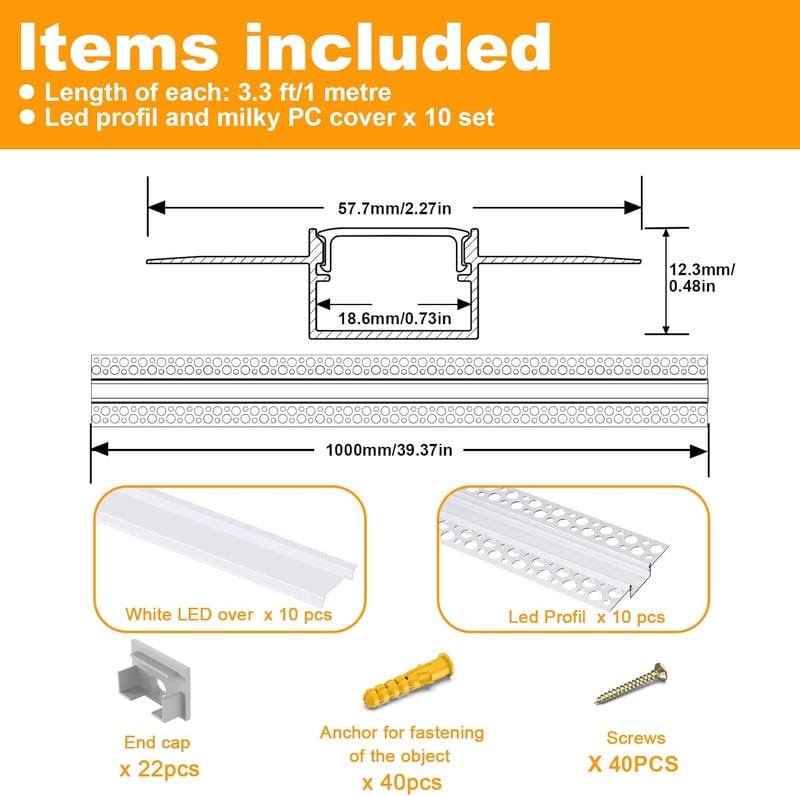 Angdarun LED Gipszkarton Profil 18 mm-es LED Szalagokhoz, 10 db x 1 Méteres Alumínium Diffúzor Szett Falra és Mennyezetre, Philips Hue Kompa