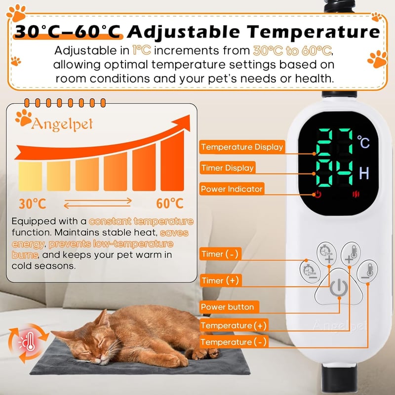 Angelpet L 45x70cm elektromos fűtőpad kutyáknak és macskáknak, 30-60°C, 14 időzítő
