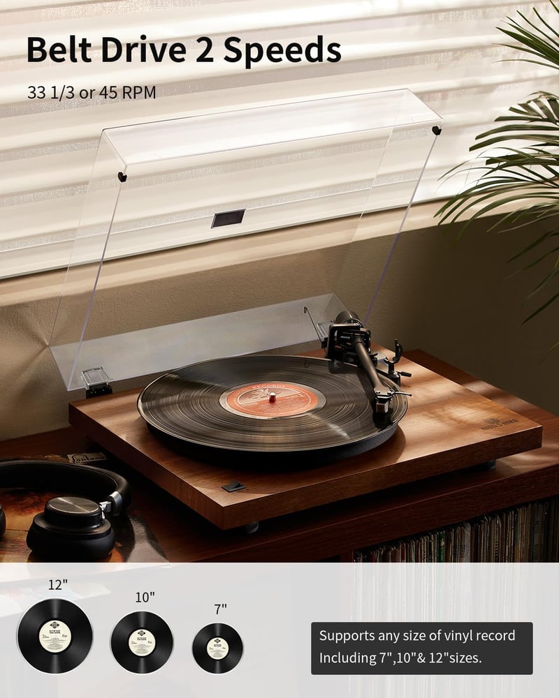 ANGELS HORN Lemezjátszó Bluetooth Előerősítővel, Szalaghajtás 33/45 RPM