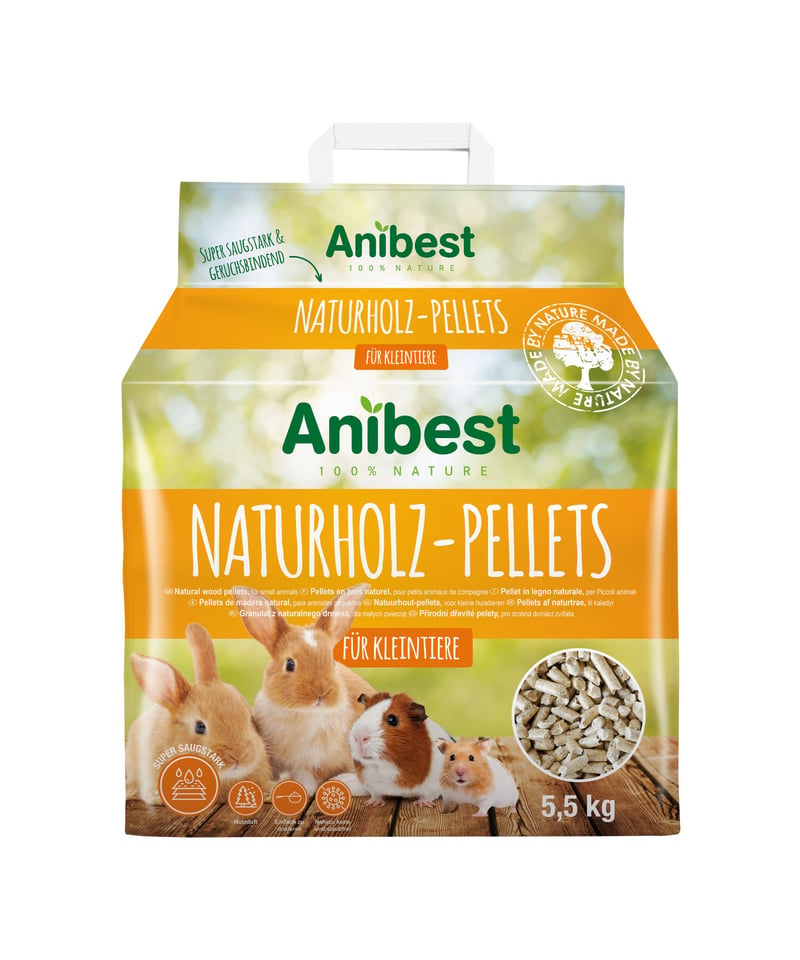 Anibest Așternut Pelete pentru Animale de Companie 5,5 kg / 10 l - 100% Pelete de Lemn Natural pentru Iepuri, Hamsteri, Cobai - Bază de Așternut cu Absorbție a Mirosurilor