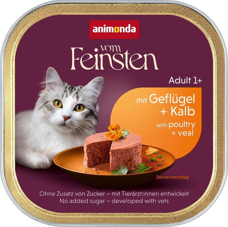 Hrană umedă pentru pisici animonda Vom Feinsten cu pasăre și vițel, fără cereale, 32 x 100 g