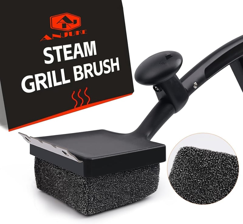ANJUKE 4 az 1-ben grillkefe rozsdamentes acél kaparóval és cserélhető fejjel - DE-Grillbürste schwarz, Black