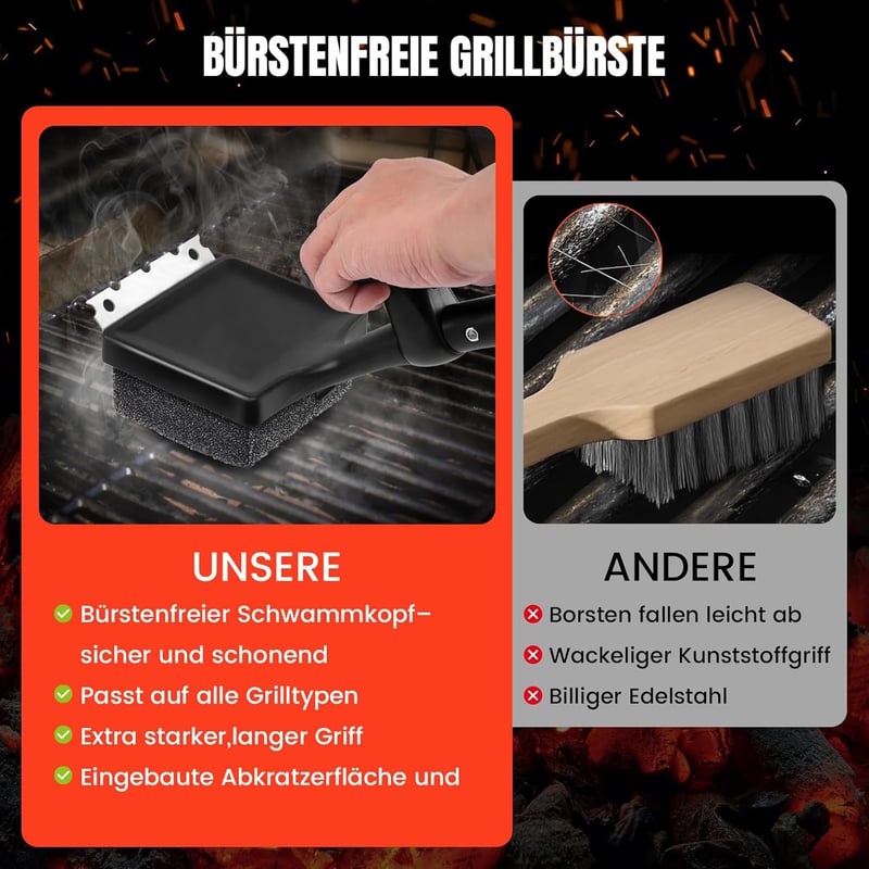 ANJUKE 4 az 1-ben grillkefe rozsdamentes acél kaparóval és cserélhető fejjel - DE-Grillbürste schwarz, Black