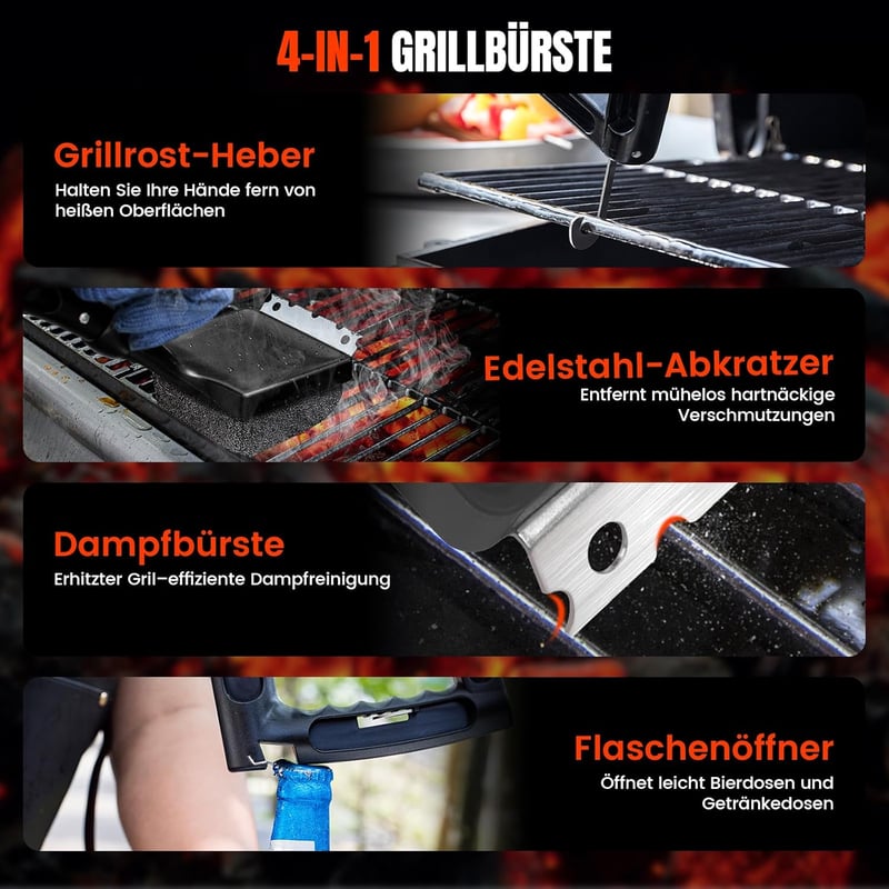 ANJUKE 4 az 1-ben grillkefe rozsdamentes acél kaparóval és cserélhető fejjel - DE-Grillbürste schwarz, Black