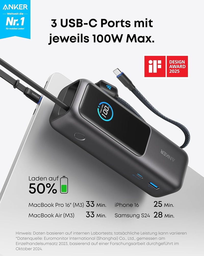 Anker 25000 mAh 165W Laptop Powerbank 3 USB-C Repülőgép-kompatibilis - black