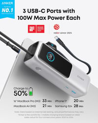 Anker Powerbank na notebook 25 000 mAh, celkový výkon 165 W, prenosná batéria na cesty – strieborná 2