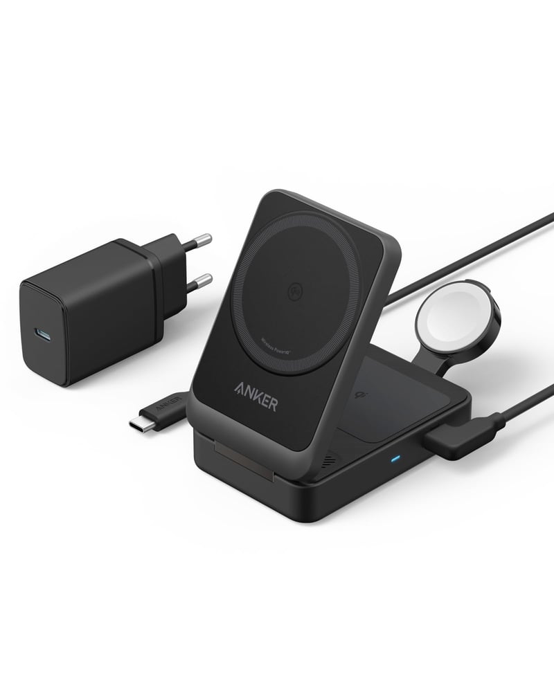 Nabíjacia stanica Anker MagGo 3-v-1, 15W bezdrôtová nabíjačka s certifikáciou Qi2, kompatibilná s MagSafe, pre iPhone 17/16/15/14, AirPods, Apple Watch 9