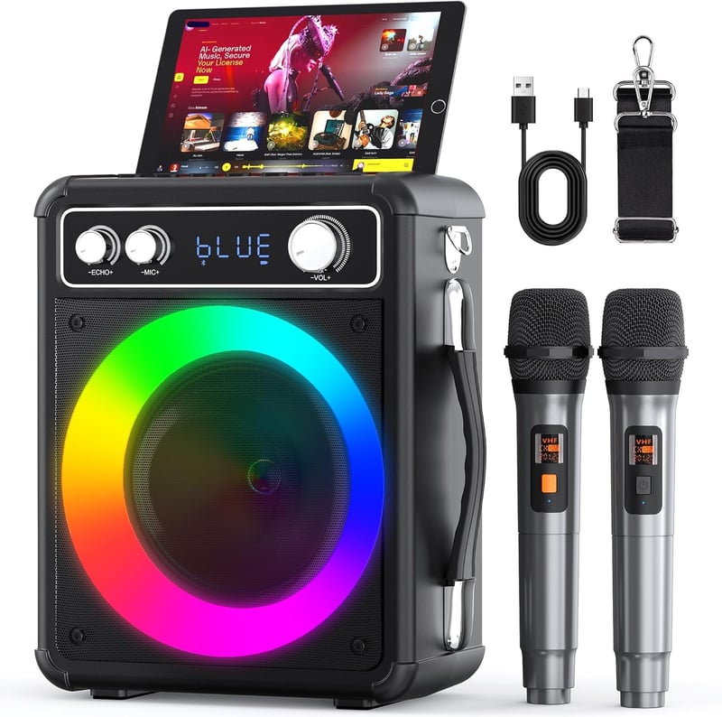 Ankuka Hordozható Karaoke Gép 2 Vezeték Nélküli Mikrofonnal, 15W Bluetooth Hangszóró LED Fényeffektussal