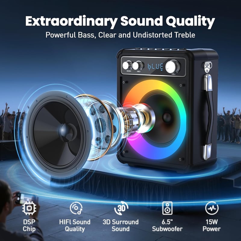 Ankuka Hordozható Karaoke Gép 2 Vezeték Nélküli Mikrofonnal, 15W Bluetooth Hangszóró LED Fényeffektussal