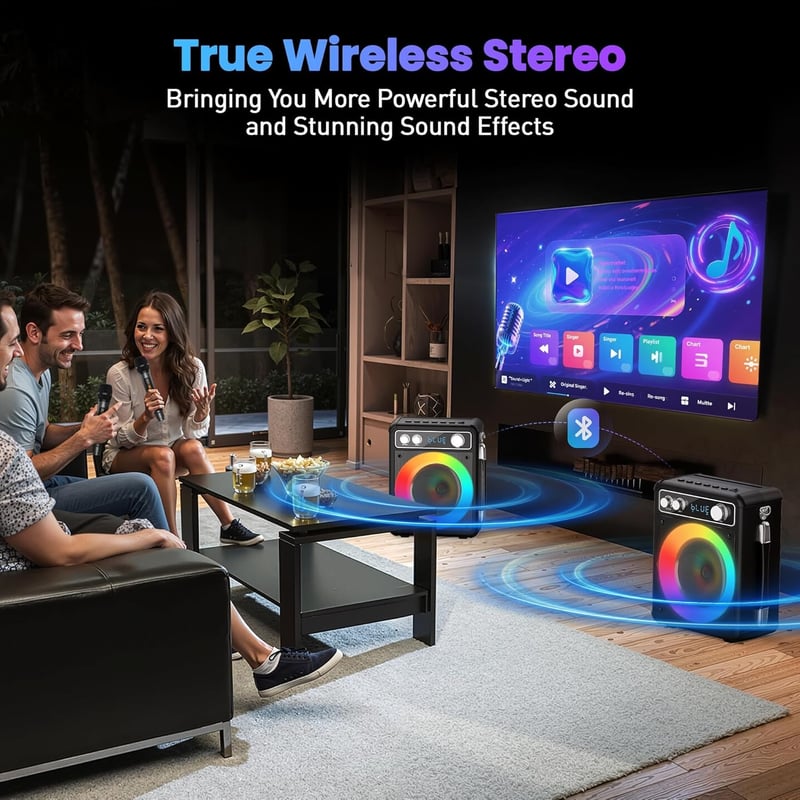 Ankuka Hordozható Karaoke Gép 2 Vezeték Nélküli Mikrofonnal, 15W Bluetooth Hangszóró LED Fényeffektussal
