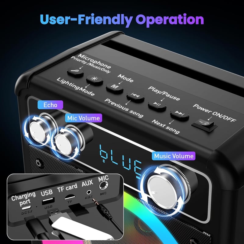 Ankuka Hordozható Karaoke Gép 2 Vezeték Nélküli Mikrofonnal, 15W Bluetooth Hangszóró LED Fényeffektussal