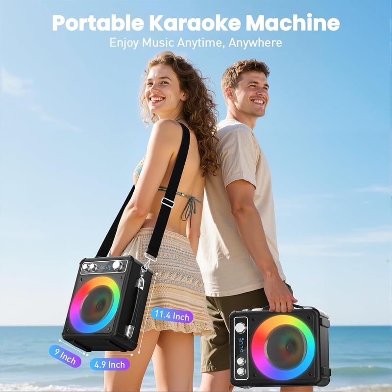 Ankuka Hordozható Karaoke Gép 2 Vezeték Nélküli Mikrofonnal, 15W Bluetooth Hangszóró LED Fényeffektussal