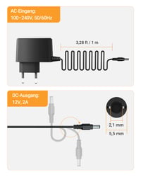 Adaptor alimentare Anlapus 12V 2A pentru cameră CCTV DVR, conector 5,5x2,1 mm, cablu 1 m, ștecher EU 8