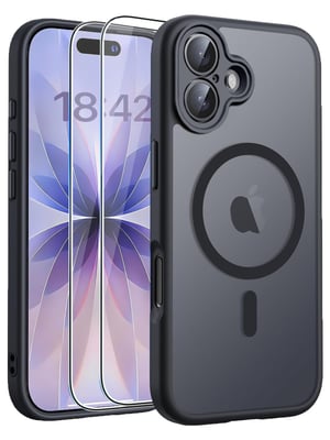 ANLYGOLD iPhone 17 maska, MagSafe kompatibilna, mat prozirna crna zaštitna maska s ugrađenim magnetskim prstenom, potpunom zaštitom kamere i 2 komada 9H kaljenog stakla