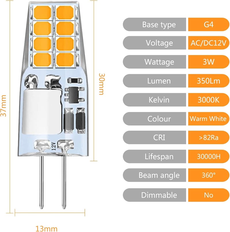 Anmossi G4 LED izzó 3W meleg fehér 3000K 12V 10db csomag