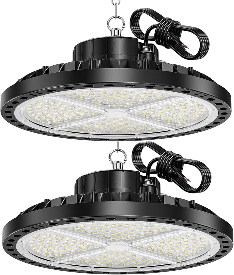 Pachet 2 bucăți proiector industrial cu LED ANNIFUNLY UFO 200W, 28000 lumeni, 6500K alb rece, IP65, pentru garaj, depozit, fabrică, stadion, hală