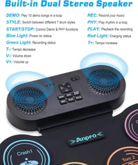 Anpro Electronic Drum Kit, 9 Drum Pads with Dual Stereo Speakers, Rollable Drum Kit with Pedals & Sticks, Headphones/Bluetooth/MIDI Support, Gift for Kids & Beginners 3