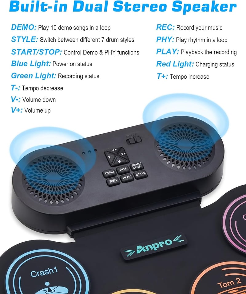 Anpro Electronic Drum Kit, 9 Drum Pads with Dual Stereo Speakers, Rollable Drum Kit with Pedals & Sticks, Headphones/Bluetooth/MIDI Support, Gift for Kids & Beginners
