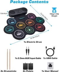 Anpro Electronic Drum Kit, 9 Drum Pads with Dual Stereo Speakers, Rollable Drum Kit with Pedals & Sticks, Headphones/Bluetooth/MIDI Support, Gift for Kids & Beginners 7