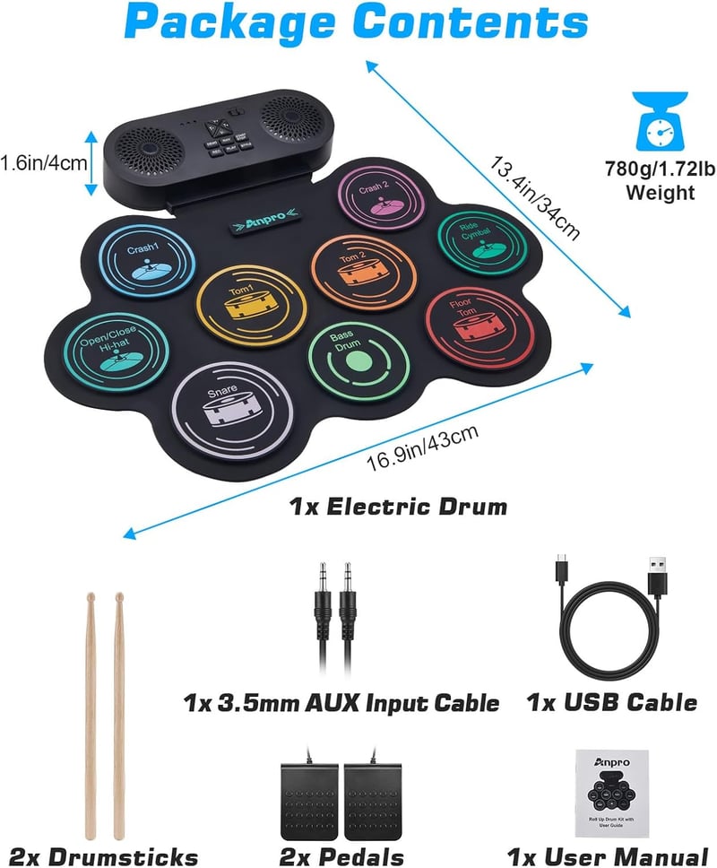 Anpro Electronic Drum Kit, 9 Drum Pads with Dual Stereo Speakers, Rollable Drum Kit with Pedals & Sticks, Headphones/Bluetooth/MIDI Support, Gift for Kids & Beginners
