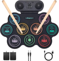 Anpro Electronic Drum Kit, 9 Drum Pads with Dual Stereo Speakers, Rollable Drum Kit with Pedals & Sticks, Headphones/Bluetooth/MIDI Support, Gift for Kids & Beginners 9