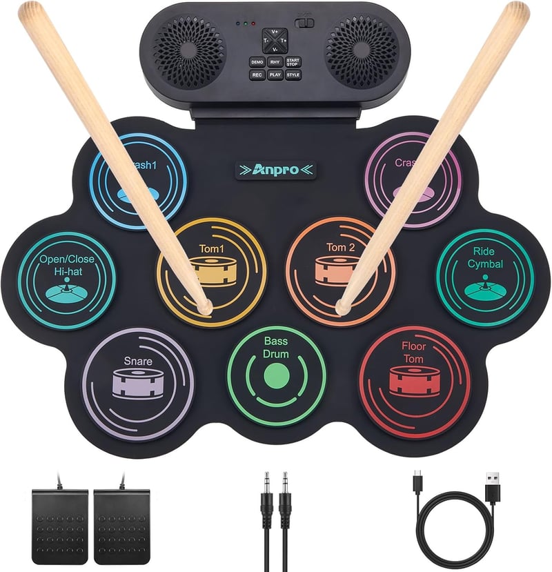 Anpro Electronic Drum Kit, 9 Drum Pads with Dual Stereo Speakers, Rollable Drum Kit with Pedals & Sticks, Headphones/Bluetooth/MIDI Support, Gift for Kids & Beginners