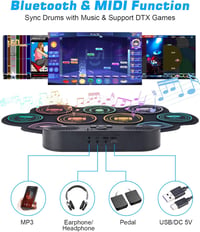 Anpro Electronic Drum Kit, 9 Drum Pads with Dual Stereo Speakers, Rollable Drum Kit with Pedals & Sticks, Headphones/Bluetooth/MIDI Support, Gift for Kids & Beginners 4