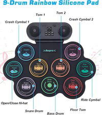 Anpro Electronic Drum Kit, 9 Drum Pads with Dual Stereo Speakers, Rollable Drum Kit with Pedals & Sticks, Headphones/Bluetooth/MIDI Support, Gift for Kids & Beginners 2