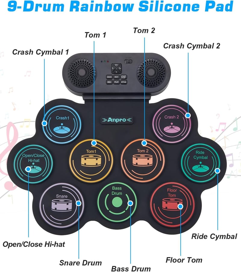 Anpro Electronic Drum Kit, 9 Drum Pads with Dual Stereo Speakers, Rollable Drum Kit with Pedals & Sticks, Headphones/Bluetooth/MIDI Support, Gift for Kids & Beginners