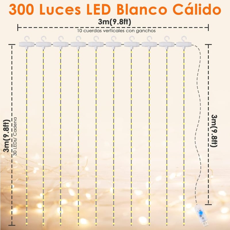 Anpro USB LED Fényfüggöny 300 LED - 3x3m Meleg Fehér Világítás 8 Fénymóddal, Távirányítóval - Beltéri Dekoráció Esküvőre, Partira