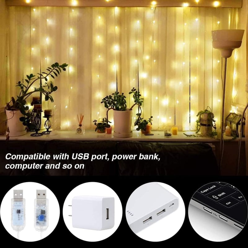 Anpro USB LED Fényfüggöny 300 LED - 3x3m Meleg Fehér Világítás 8 Fénymóddal, Távirányítóval - Beltéri Dekoráció Esküvőre, Partira