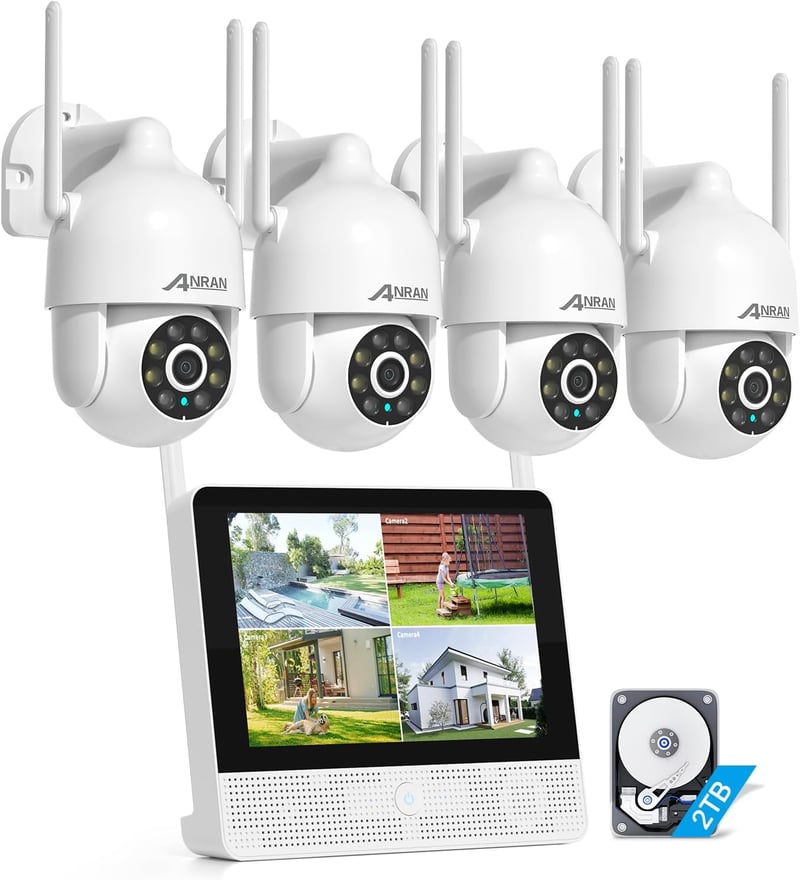 ANRAN 3K Kültéri WiFi Kamerarendszer - 8CH 10.5" Monitoros NVR 4db 5MP PTZ Kamerával, Automatikus Követés, Személy/Jármű/Állat Érzékelés, 2T