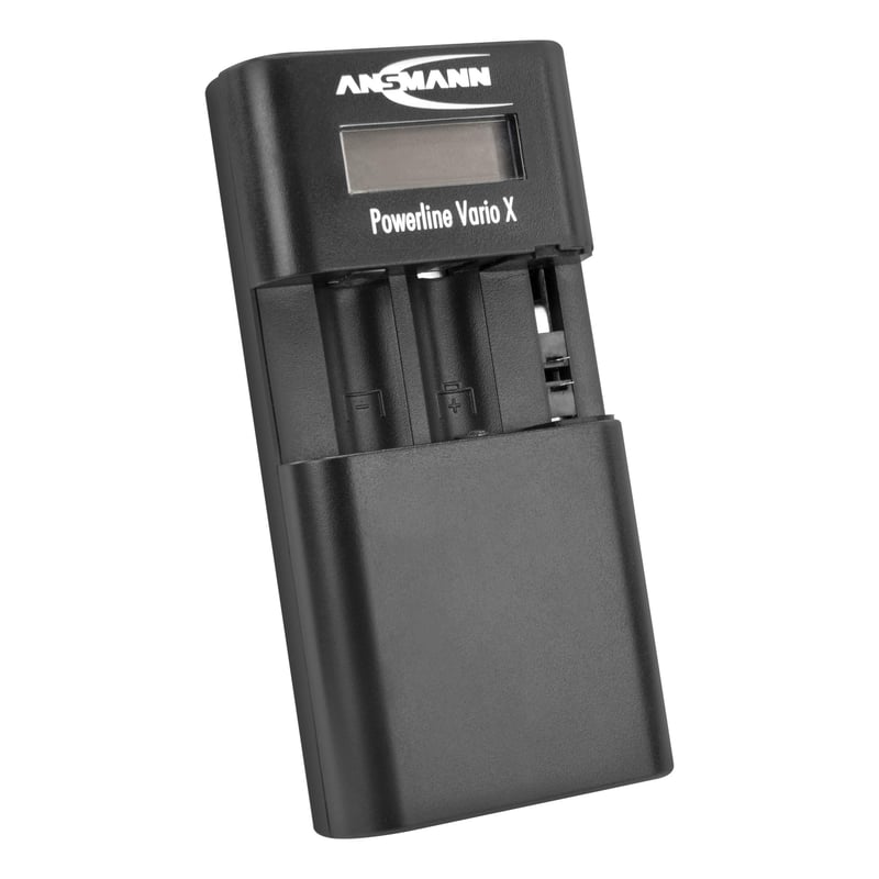 Univerzálna nabíjačka batérií Ansmann Powerline Vario X pre akumulátory do fotoaparátov, Li-Ion, LiPo, NiMH a 2x AA / 2x AAA batérie s nastaviteľným nabíjacím slotom, čierna