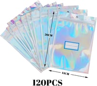 Anstore 120 db holografikus fólia zip tasak Mylar nagy méret 14x20 cm újrazárható csomag címkékkel 126 db 3