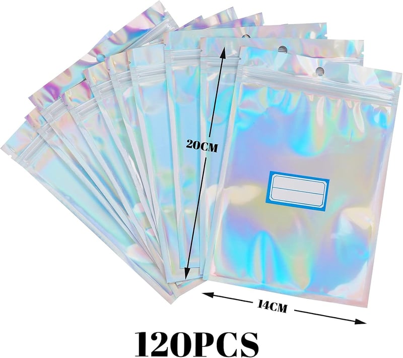 Anstore 120 db holografikus fólia zip tasak Mylar nagy méret 14x20 cm újrazárható csomag címkékkel 126 db