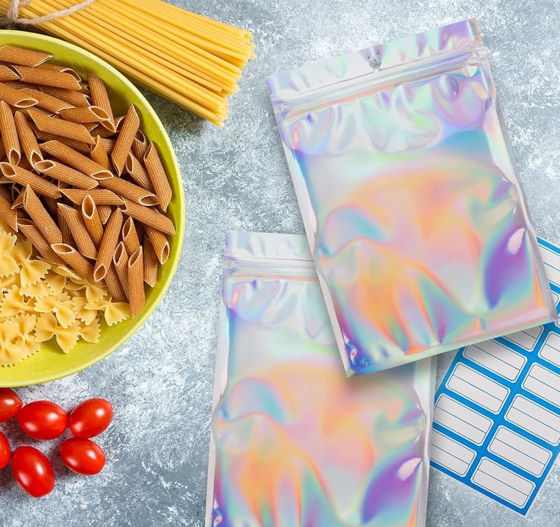 Anstore 120 db holografikus fólia zip tasak Mylar nagy méret 14x20 cm újrazárható csomag címkékkel 126 db