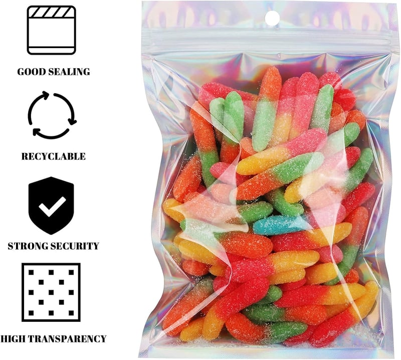 Anstore 120 db holografikus fólia zip tasak Mylar nagy méret 14x20 cm újrazárható csomag címkékkel 126 db