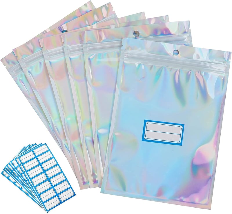 Anstore 120 db holografikus fólia zip tasak Mylar nagy méret 14x20 cm újrazárható csomag címkékkel 126 db
