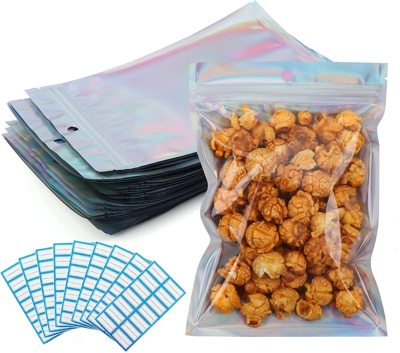 Anstore 120 db holografikus fólia zip tasak Mylar nagy méret 14x20 cm újrazárható csomag címkékkel 126 db