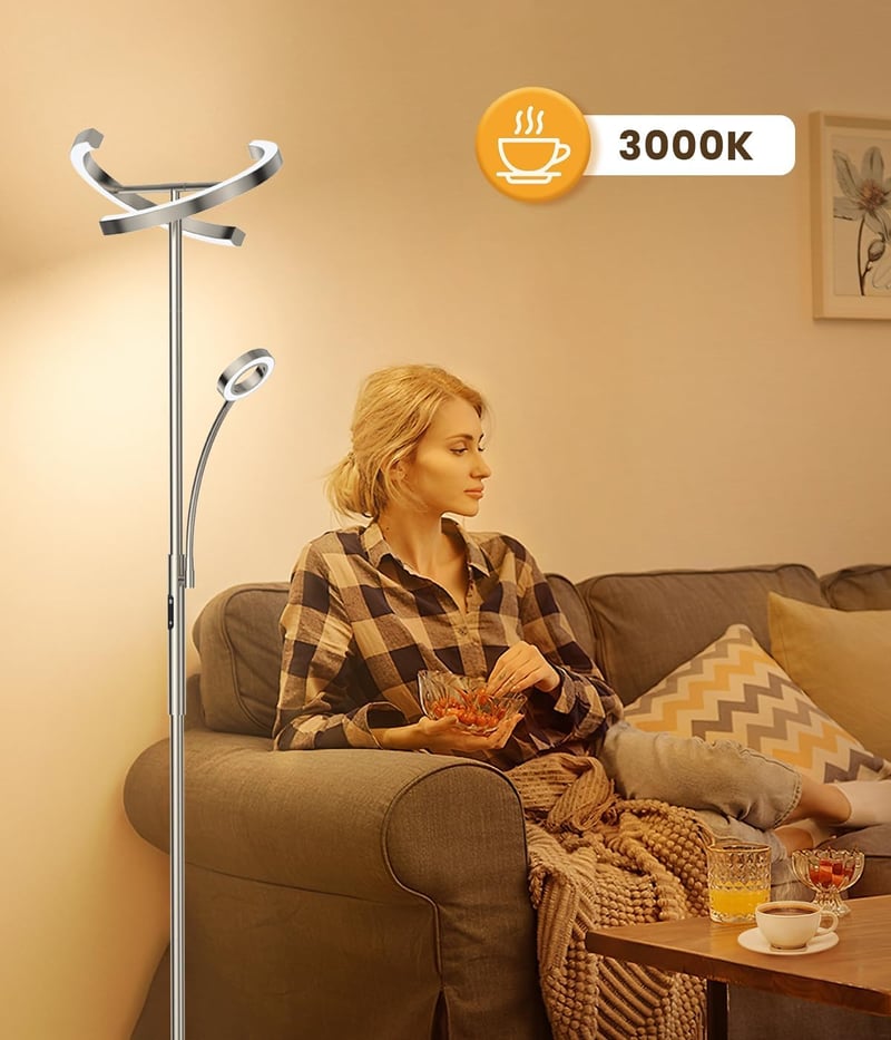 ANTENLICHT 2 az 1-ben Dimmelhető LED Állólámpa, Ezüst, 20W+7W Olvasólámpával, Távirányítós, 4 Színhőmérséklettel, 350° Forgatható, Nappali é