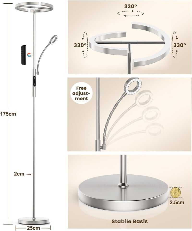 ANTENLICHT 2 az 1-ben Dimmelhető LED Állólámpa, Ezüst, 20W+7W Olvasólámpával, Távirányítós, 4 Színhőmérséklettel, 350° Forgatható, Nappali é