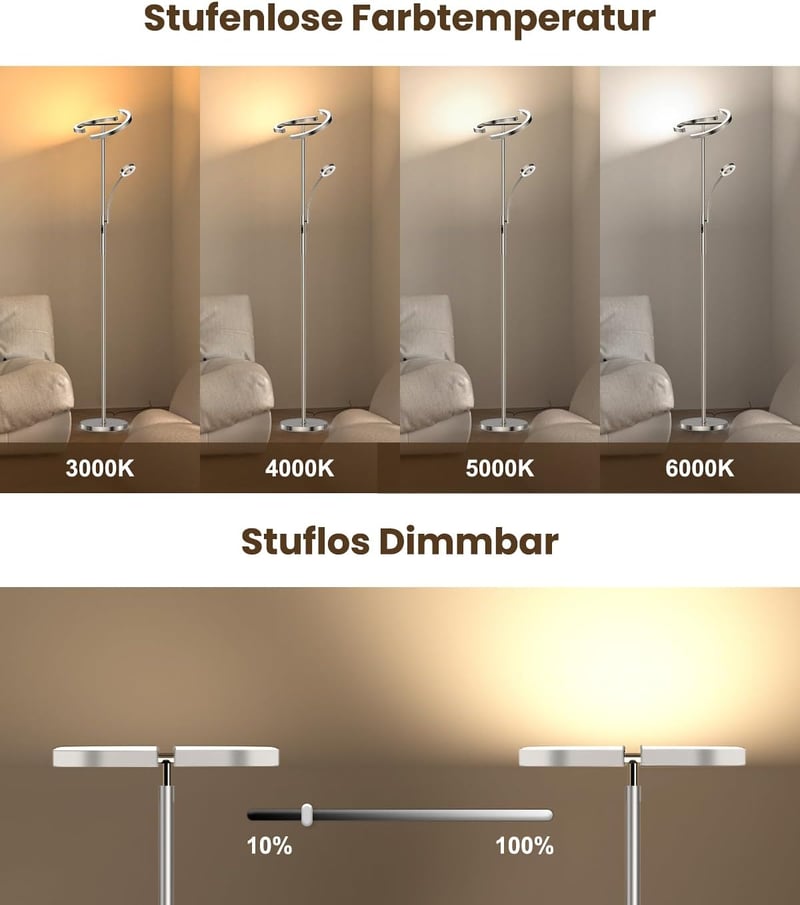 ANTENLICHT 2 az 1-ben Dimmelhető LED Állólámpa, Ezüst, 20W+7W Olvasólámpával, Távirányítós, 4 Színhőmérséklettel, 350° Forgatható, Nappali é