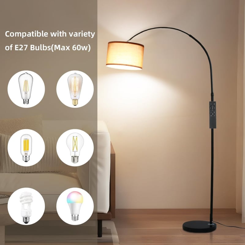 ANTENLICHT Aura vintage ívlámpa állólámpa távirányítóval, fényerőszabályzás, E27 LED, barna textil búra 33 cm, lábkapcsoló, nappaliba