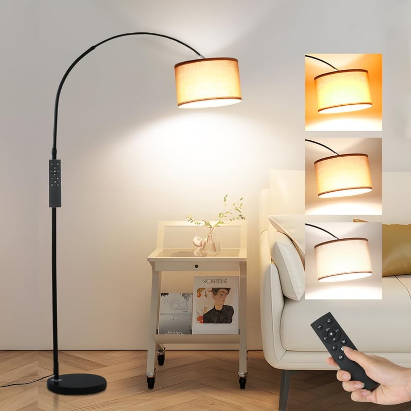 ANTENLICHT Aura vintage ívlámpa állólámpa távirányítóval, fényerőszabályzás, E27 LED, barna textil búra 33 cm, lábkapcsoló, nappaliba