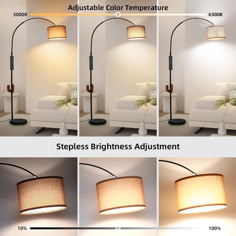 ANTENLICHT Aura vintage ívlámpa állólámpa távirányítóval, fényerőszabályzás, E27 LED, barna textil búra 33 cm, lábkapcsoló, nappaliba