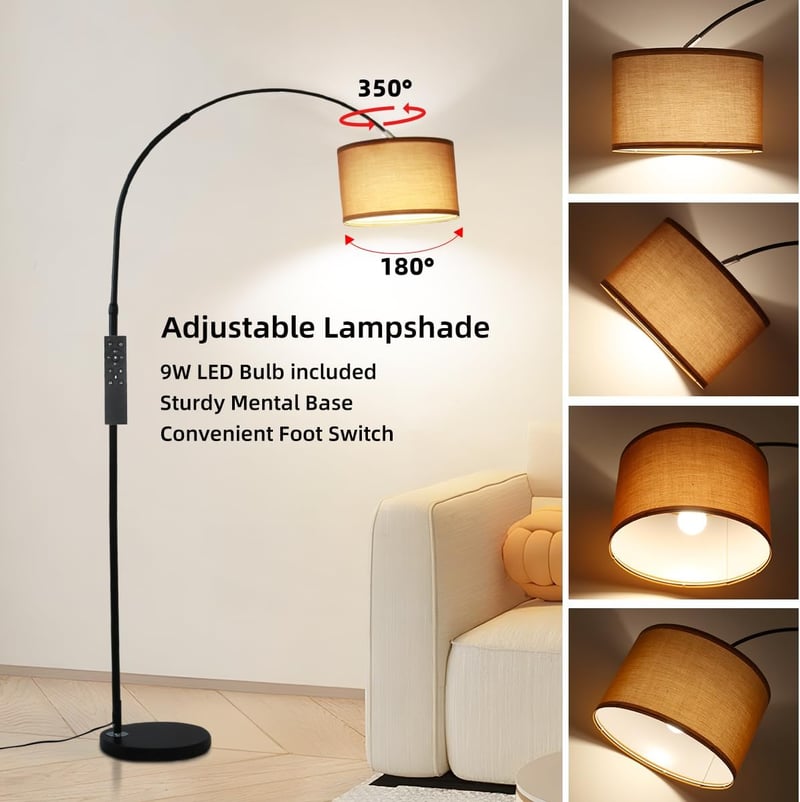 ANTENLICHT Aura vintage ívlámpa állólámpa távirányítóval, fényerőszabályzás, E27 LED, barna textil búra 33 cm, lábkapcsoló, nappaliba
