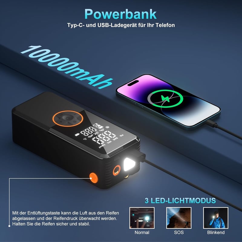 Antifnuo Elektromos Légpumpa 150 PSI, 10000 mAh Akkumulátor, Digitális Kijelző - Black