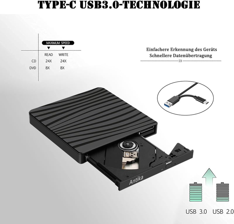 Antika USB 3.0 Type-C Külső DVD Meghajtó Hordozható CD Írógép Laptop Asztali Számítógéphez